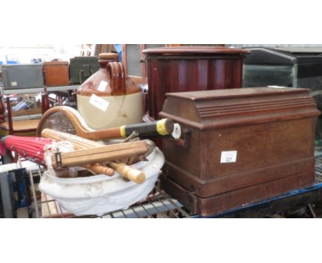 SEWING MACHINE IN WOODEN CASE, COMMODE, RETRO CEILING LIGHT &amp; FLAGON