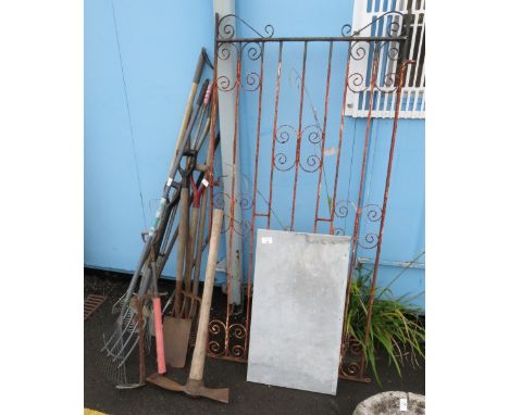 A PIECE OF MARBLE, WROUGHT IRON GATE &amp; QUANTITY OF GARDEN TOOLS