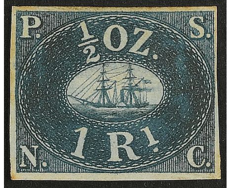1857 Pacific Steam Navigation - 1 r. blue  Cert. The Philatelic Foundation (Yv. n. 1)   € 300