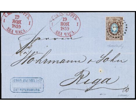 1858-Third issue 10 k. brown and blue on letter dated 19 November 1859 from St. Petersburg to Riga – Splendid and well preser
