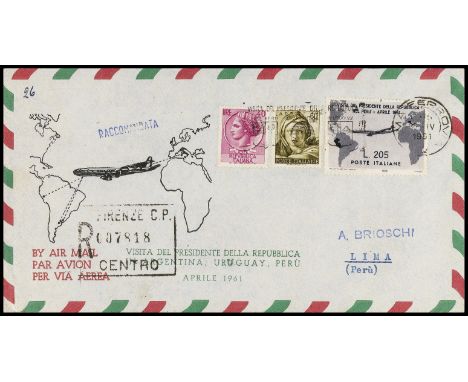 1961 - Gronchi Rosa 205 L. - L’aerogramma con l’esemplare ricoperto e timbro di arrivo a Lima (Bol. n. 1015Aa) (Sass. n. 921)