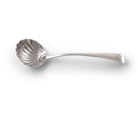 A GEORGE III IRISH SILVER HOOK-BACK LADLE, mid-18th century, mark of  John Laughlin, with scallop shaped bowl, marks lacking 