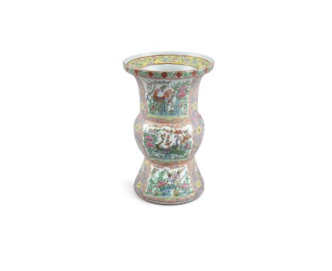 A LARGE CHINESE FAMILLE ROSE VASE, 19th century, of flared design, with lobed central section and spreading circular foot, de