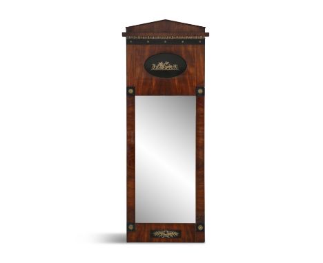 A FRENCH EMPIRE MAHOGANY PIER MIRROR, 19th Century, of upright rectangular shape, with plain glass plate below an oval reserv