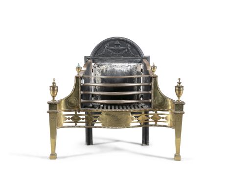 A GEORGE III SERPENTINE BRASS FIRE GRATE, c.1790, of classical form, with arched cast iron back plate and four bar steel gril