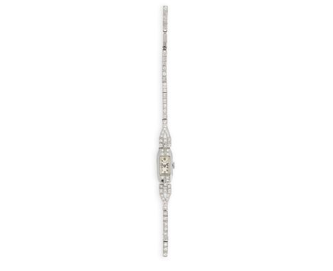 AN ART DECO DIAMOND-SET COCKTAIL WATCH, the rectangular-shaped dial with Arabic numerals, set with single-cut diamond lugs an
