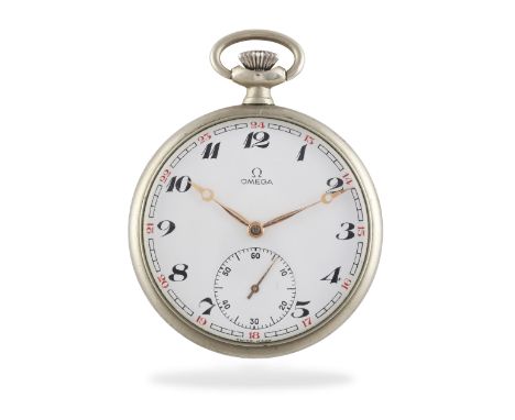 AN OMEGA SILVERED POCKET WATCH, mid 20th century with oval suspension movement and milled winder with, the white enamel dial 