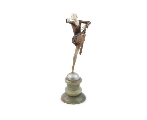 LORENZL (20TH CENTURY) A Figure of an Art Deco Dancer,  Bronzed with ivory on onyx base, 30cm high in total signed 