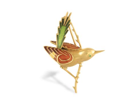 A GOLD AND ENAMEL NOVELTY BROOCH, designed as a bird perched on a gold branch, the gold bird embellished with green, orangy-b