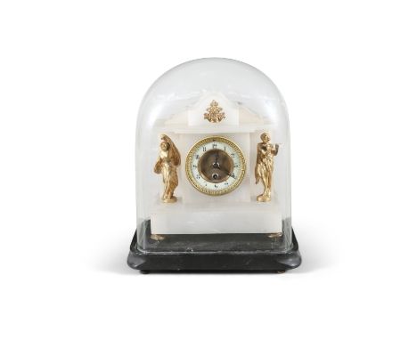 A FRENCH ONYX AND GILT METAL ARCHITECTURAL MANTLE CLOCK, 19th century, of classical form, with musical figures flanking a cir