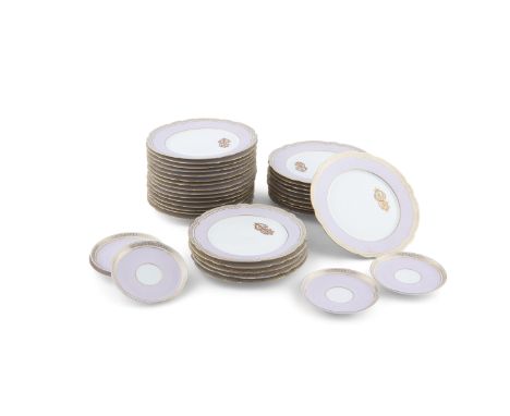 A SET OF TWENTY-FIVE FRENCH PORCELAIN DINNER PLATES BY CHARLES PILLIVUYT &amp; CO, with five dessert plates, of shaped circul