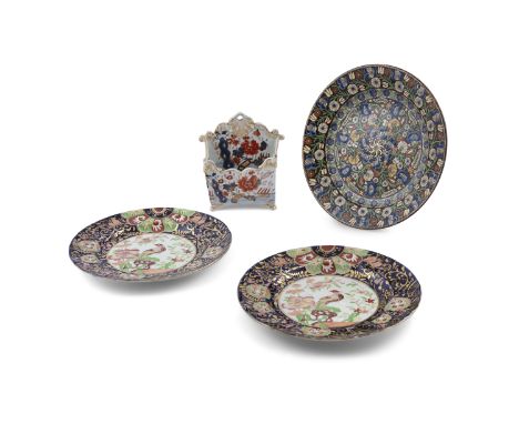 A PAIR OF 19TH CENTURY MASON'S IRONSTONE 'IMARI' dishes; an early Victorian bough pot and a continental brown glazed pottery 