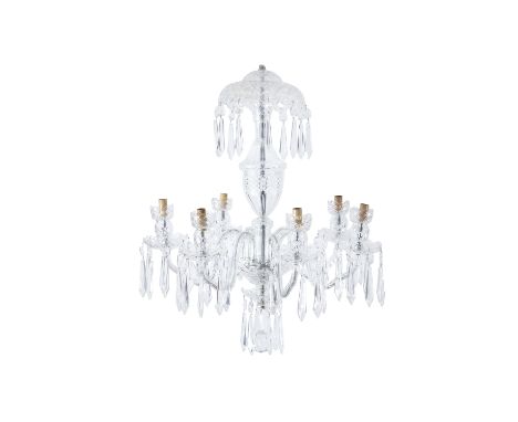 A WATERFORD CUT GLASS SIX LIGHT CHANDELIER, mid 20th century, with domed corona and baluster centre column, fitted with six s