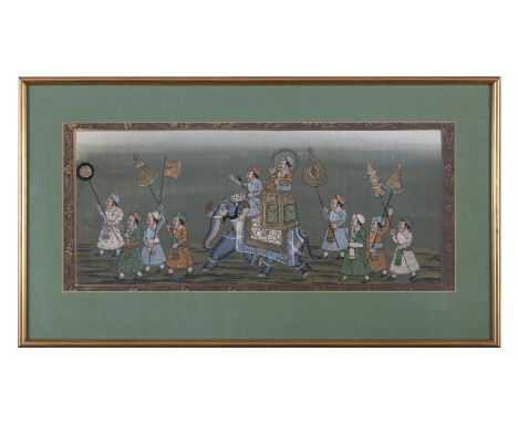 A MUGAL STYLE PAINTED SILK PANEL, depicting a procession with a dignitary on an elephant. 21 x 50.5cm