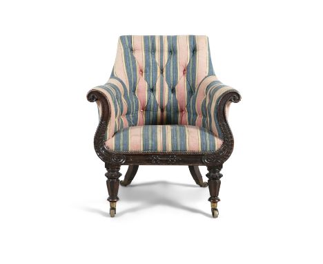 A WILLIAM IV ROSEWOOD FRAMED LIBRARY ARMCHAIR,  upholstered in striped polychrome patterned fabric, with square button back, 