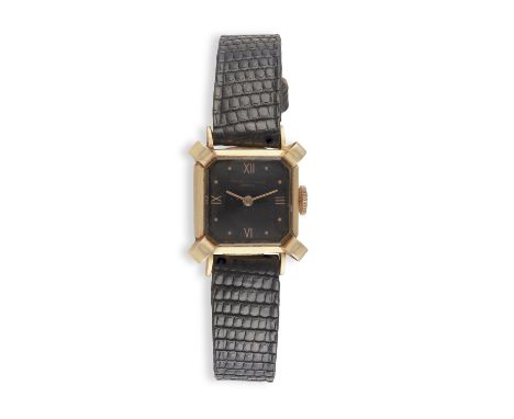 A LADY'S MANUAL WIND WRISTWATCH, BY BAUME &amp; MERCIER, the square black dial with Roman numerals, sword gilt hands, black l