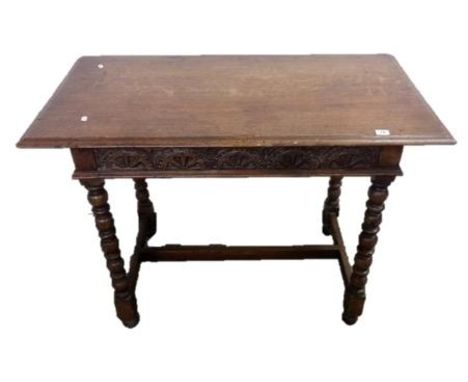 Late C19th Reproduction Oak Side Table on cotton reel turned supports, flat section stretcher, carved drawer, thumbnail mould