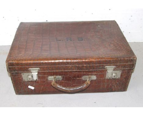 Vintage Crocodile Leather Travelling Case (no interior fittings) initialled L. R. B with green leather interior, hasps marked