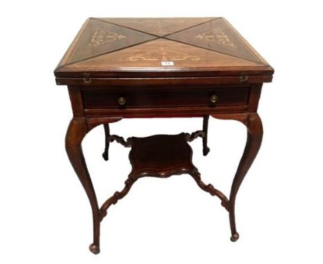 Late C19th/Early C20th Marquetry Inlaid Envelope Games Table on stylised cabriole style supports, c-scroll raised shaped unde