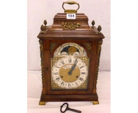 C20th Thomas Smith C18th Style Burr & Figured Walnut Bracket Clock on small brass bracket supports, glazed door enclosing sil