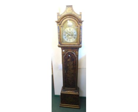 C18th Lacquered 8 Day Oak Longcase Clock, movement by Samuel Hollyer London circa 1780, brass dial with silvered chapter ring