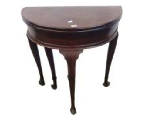 C18th Georgian Mahogany Fold-Over Demi-Lune Tea Table with lockable compartment under, on pointed toe cabriole supports 