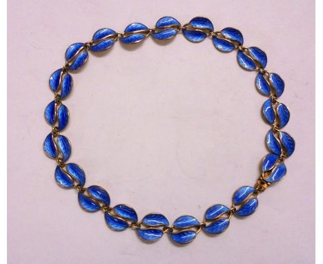 Silver Gilt Vermeil Blue Enamelled Double Leaf Necklace by David Anderson, stamped D-A, marked 925 Sterling Norway, approx. 1