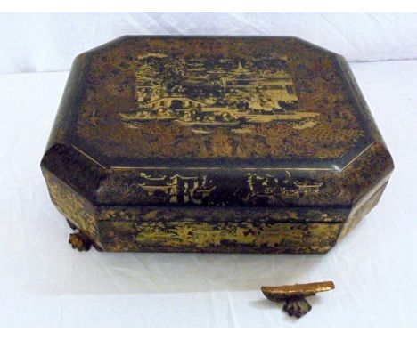 Oriental Black Lacquer & Gilt Decorated Games Box, exterior decorated with figures on veranda & pagoda roofed buildings surro