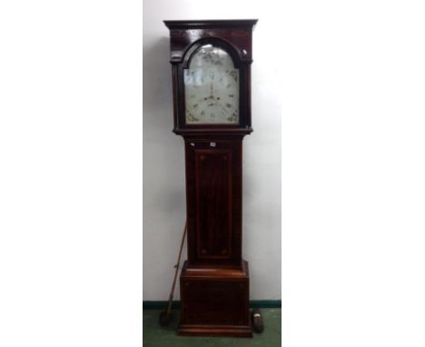 C18th 8-Day Mahogany Cased Longcase Clock with domed painted dial, striking on gong, secondary second hand, calendar dial, ma