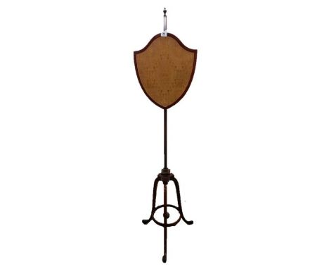Unusual C19th Tripod Pole Screen on square section tapering supports, shield shaped slide with counterbalance weight 