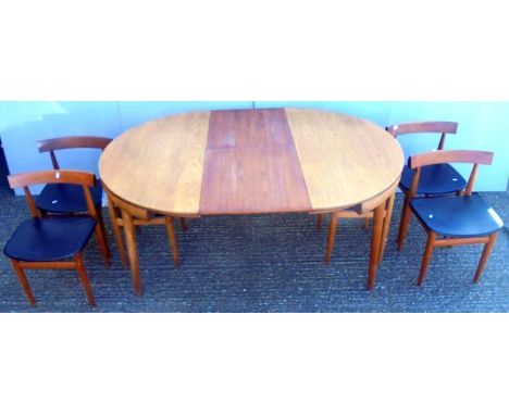 Danish Teak Tuck Away Frem Rojle Circular Dining Table with integral leaf & Set 6 Danish Teak Dining Chairs,Hans Olsen De Lux