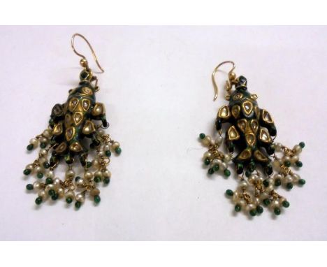 Pair Gold Coloured Metal Mounted Enamel Rock Crystal, Green Agate & Seed Pearl Fish Pattern Pendant Drop Earrings set beaded 