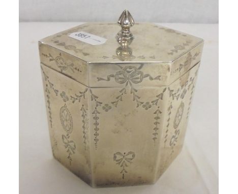 George Unite Silver Hexagonal C18th Style Tea Caddy with bright cut decoration of bellflowers & swags, Birmingham 1909 