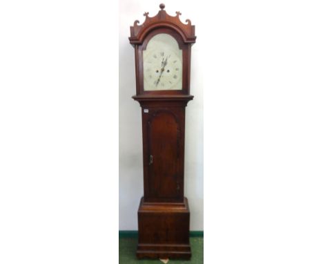 Late C18th Mahogany Longcase Clock on shaped plinth base, trunk with cross banded dome topped door, hood with frilled pedimen