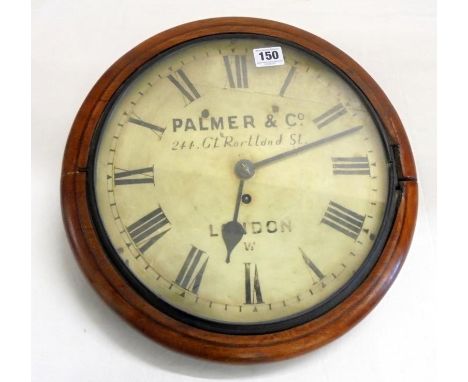 Mahogany Cased Dial Clock with painted face, Roman numerals, marked Palmer 244 Great Portland Street London W, 12" dial, fuse