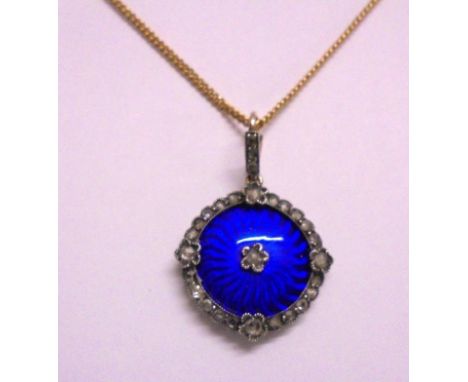 C19th Victorian/Edwardian Blue Enamel Pendant Locket, central rose cut diamond surrounded by rose cut diamonds, diamond set s