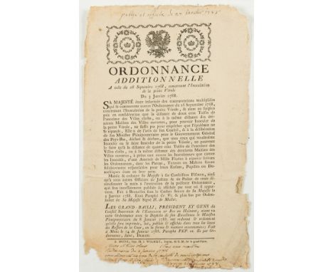 Smallpox.- [Belgium].- Ordonnance Additionelle... concernant l'Inoculation de la Petite Vérole, printed broadside, woodcut de
