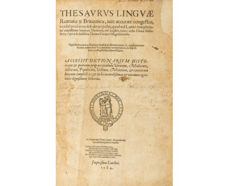 Cooper (Thomas) Thesaurus linguae Romanae &amp; Britannicae, printed in double column, partly in black letter, lacking initia