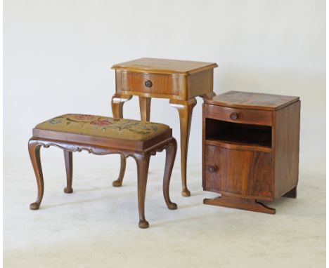 A Chippendale style oblong stool upholstered with embroidery 63x35cm, H43cm, together with an Epstein style bedside table and