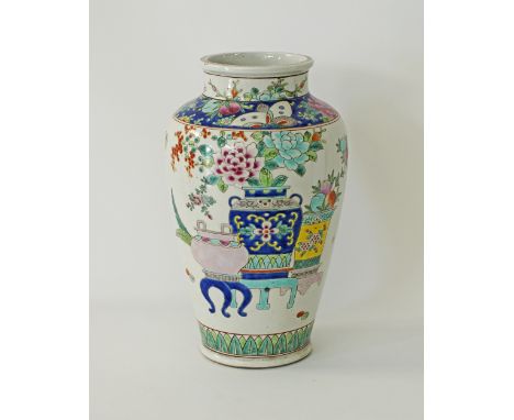 A Chinese famille rose porcelain vase H40cm perforated to the bottom to become a table lamp, mid 20th century.