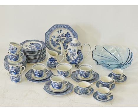 An English blue and white ceramic tea service together with a blue pressed glass fruit bowl diam.30cm and a Royal Copenhagen 
