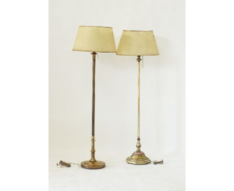 Two vintage brass floor lamps the leather shades supported on white opal glass bowls. H150cm and H153cm. (2)