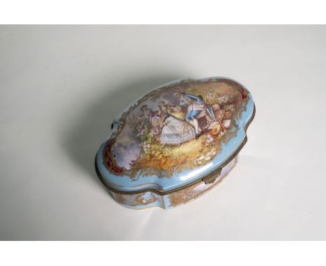 Oval-shaped Sevres porcelain jewelry box decorated with a gallant scene on a light blue background and gilding, white interio