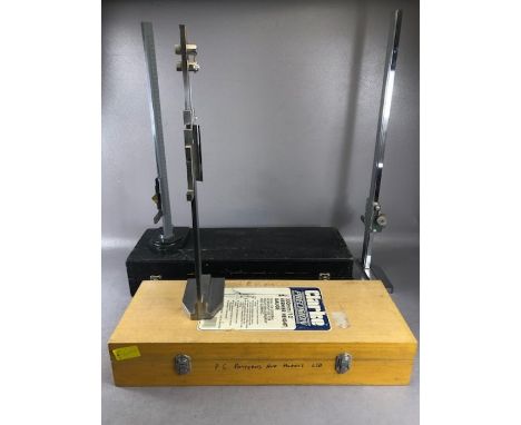 Precision measuring tools, three height gauges: a boxed Clarke 12'' Vernier heigh gauge, a Chesterman boxed height gauge and 
