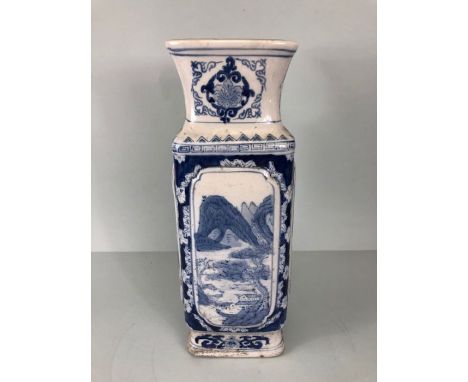 Chinese Blue and white Ceramic Vase, main body with a landscape panel to each side, seal mark to base, approximate 38cm high