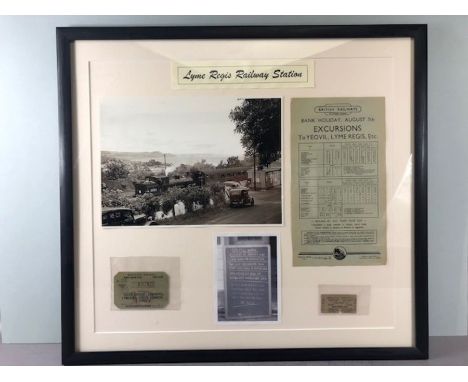 Railway / Lyme Regis Interest: Framed photograph of Lyme Regis Railway Station, a photograph of the closure sign for the Axmi