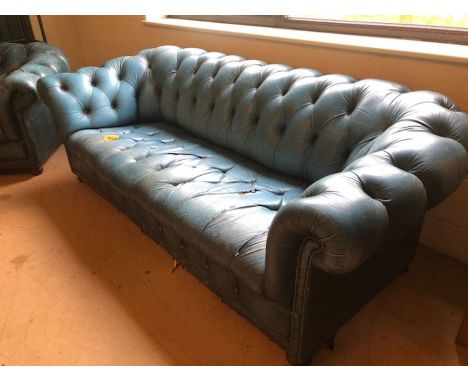 Blue leather chesterfield three seater sofa and armchair for re-upholstering