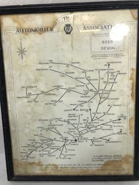 Motoring Interest: The Automobile Association Road Map, from Beer, Devon, dated 8th May 1955, approx 58cm x 45cm, framed and 