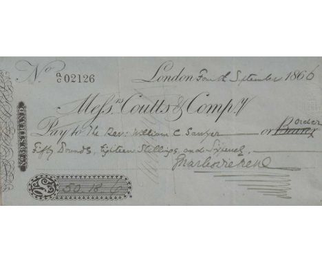 Dickens (Charles).A cheque signed by Charles Dickens, 4th September 1866, drawn on Messrs Coutts &amp; Comp., paying the Rev.