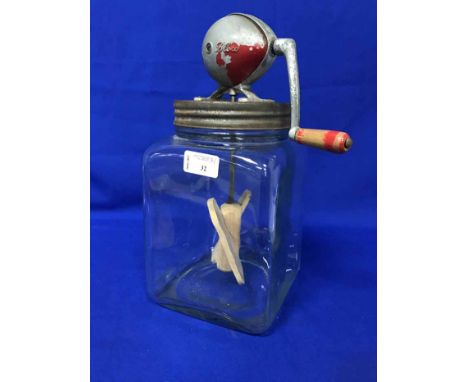 BUTTER CHURNtogether with a set of cast iron scales with weights (2)